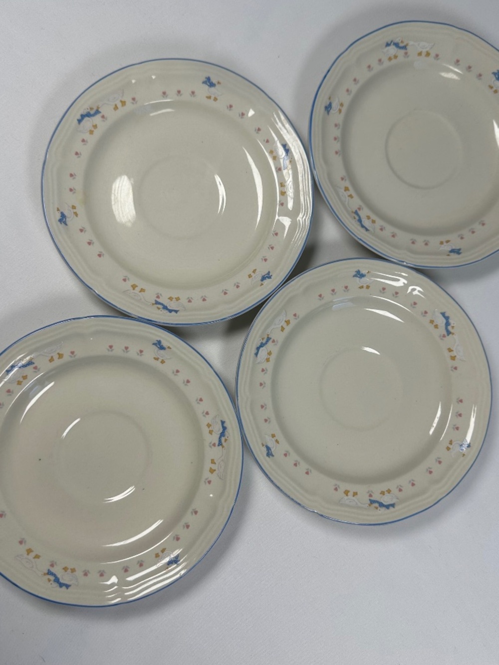 Brick Oven Stoneware Saucers Vintage 1980s Aunt Rhody Blue Geese Flowers Country